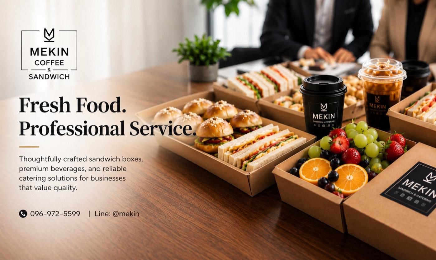 Mekin branded catering boxes with sliders, sandwiches, coffee and fresh fruit on a boardroom table
