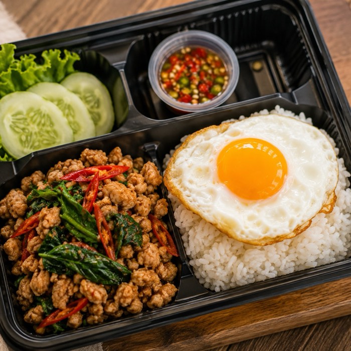Thai-style lunch box with rice, stir fry and fried egg