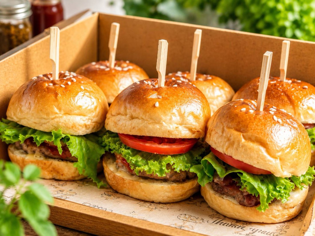 Mekin burger sliders with lettuce and tomato served in a kraft tray
